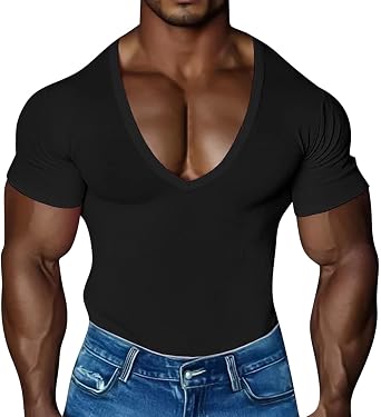 تي شيرت رجالي عصري بقصّة Slim Fit وأكمام قصيرة وقميص رياضي صيفي مثير بقصّة منخفضة