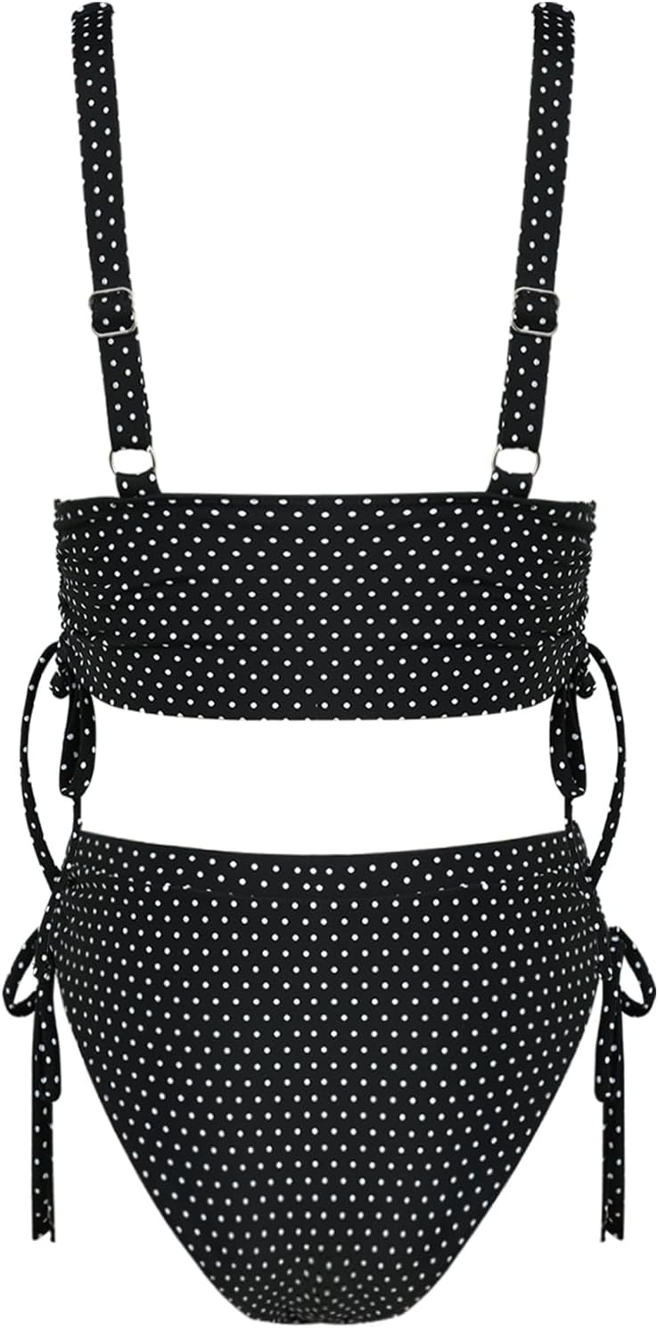 Smocked Lace Patchwork Bow Decor Tie Side String Tankini Set Swimsuits Two Piece Bathing Suit for Women 2026