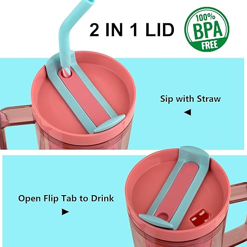 Miniatura 4 de Vaso con tapa y pajilla, vaso para café reutilizable, botella de agua, vasos de plástico, regalos para mujeres, sin BPA, vaso de 40 oz con asa, rosa