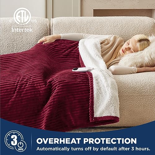 Image of Bedsure Electric Blanket Heated Throw - Soft Ribbed Flannel Heated Blanket, Fast Heating Electric Throw with 6 Heating Levels & 4 Time Settings, 3 Hours Auto-Off (50x60 inches, Red)