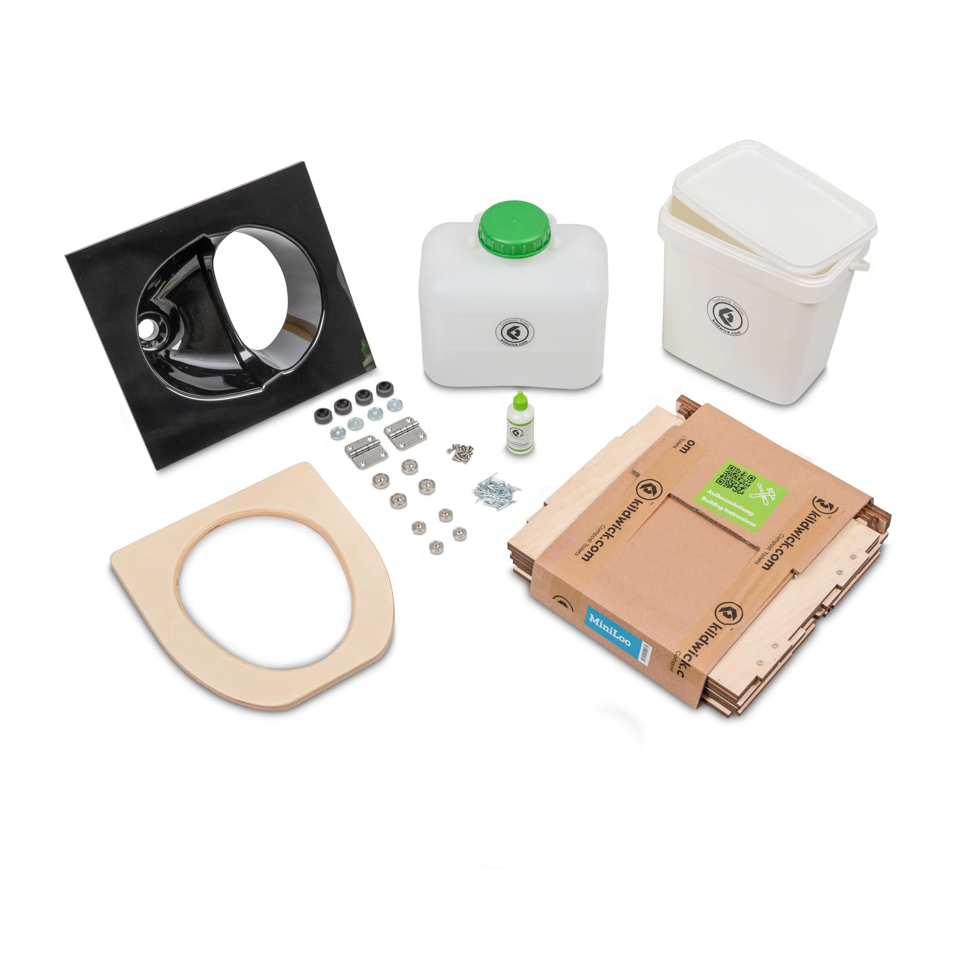 Kildwick MiniLoo Bausatz Trockentrenntoilette schwarz - Kompakte Campingtoilette für Camper, Tiny House, Garten, Boot, 9,5L Kanister, Magnetklobrille, Holzgehäuse, DIY-Komposttoilette