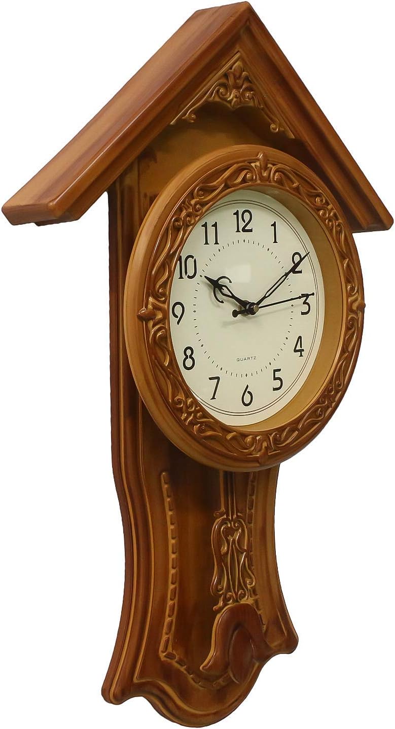 CHRONIKLE Designer Plastic Case Hut Style Analog English Numbers Pendulum Wall Clock for Living Room Home Decoration Office Gifts (Size: 32.5 x 7 x 53 CM | Weight: 810 Gram | Color: Yellow)