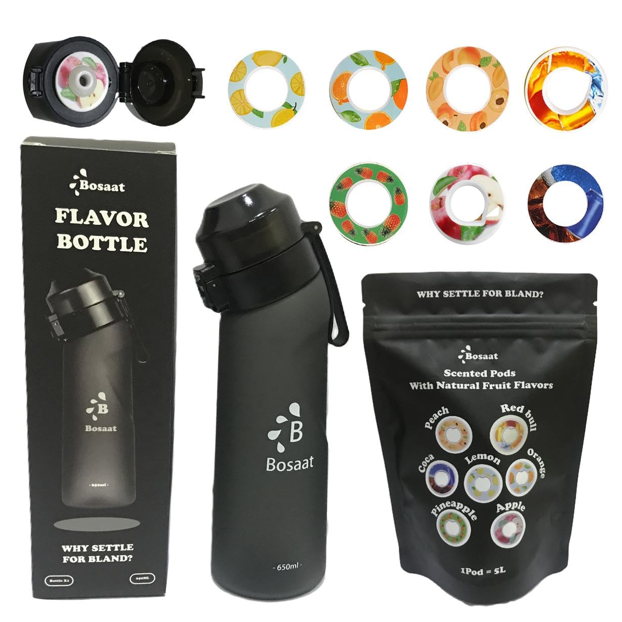 Water Bottle with Sugar-Free Including 7 fruit flavored Lemon and Pineapple Flavors, Tritan Water Bottle Set for Kids and Adults, 100% BPA-Free Flask for Outdoors and Gym (Matte Black, 650ml)