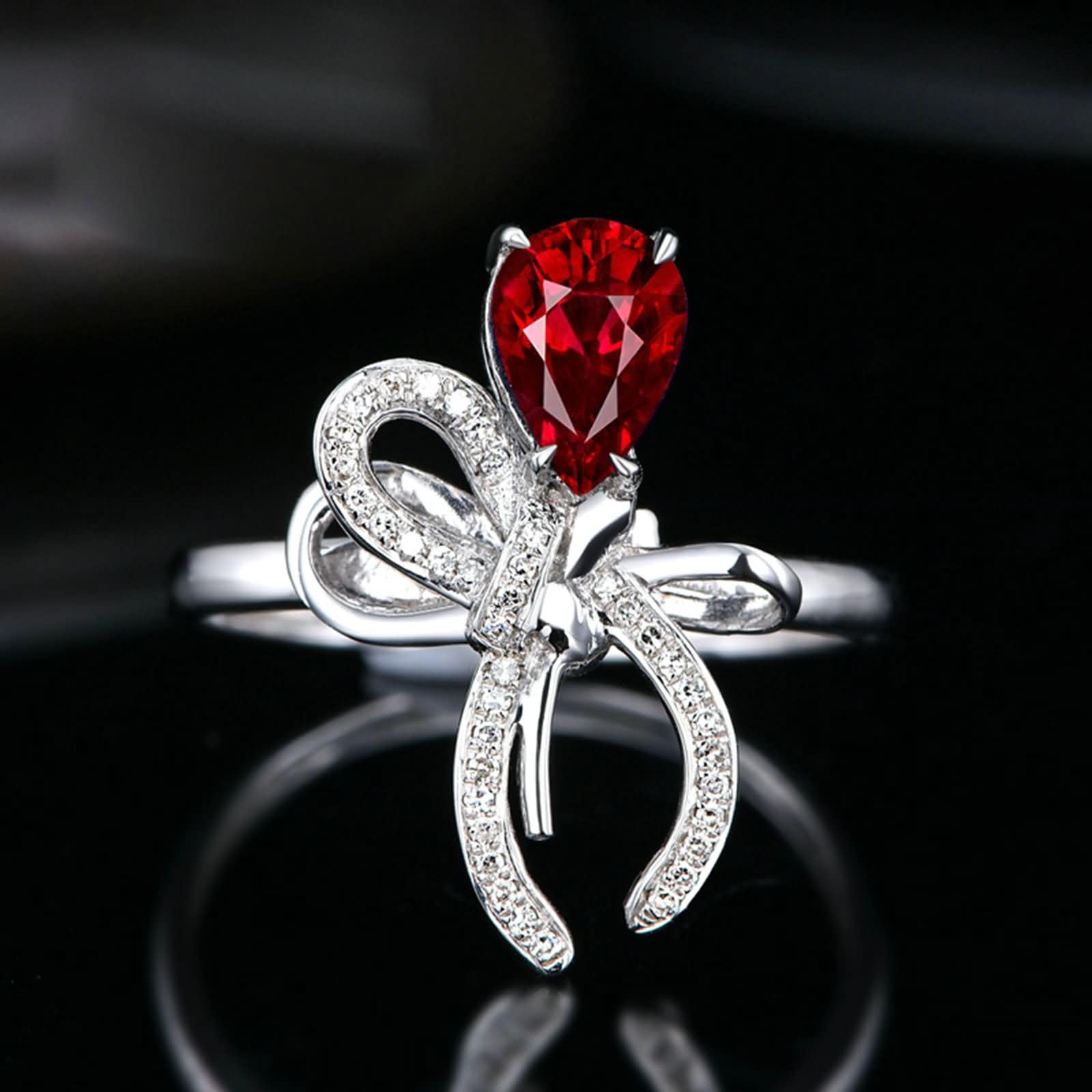 Anillos Alianza de Oro Blanco 9K / 14K / 18K para Mujer, Lazo y Gota de Agua con Rubí de 0,69ct y Diamante, Anillos de Plata Rojo Matrimonio Mujer