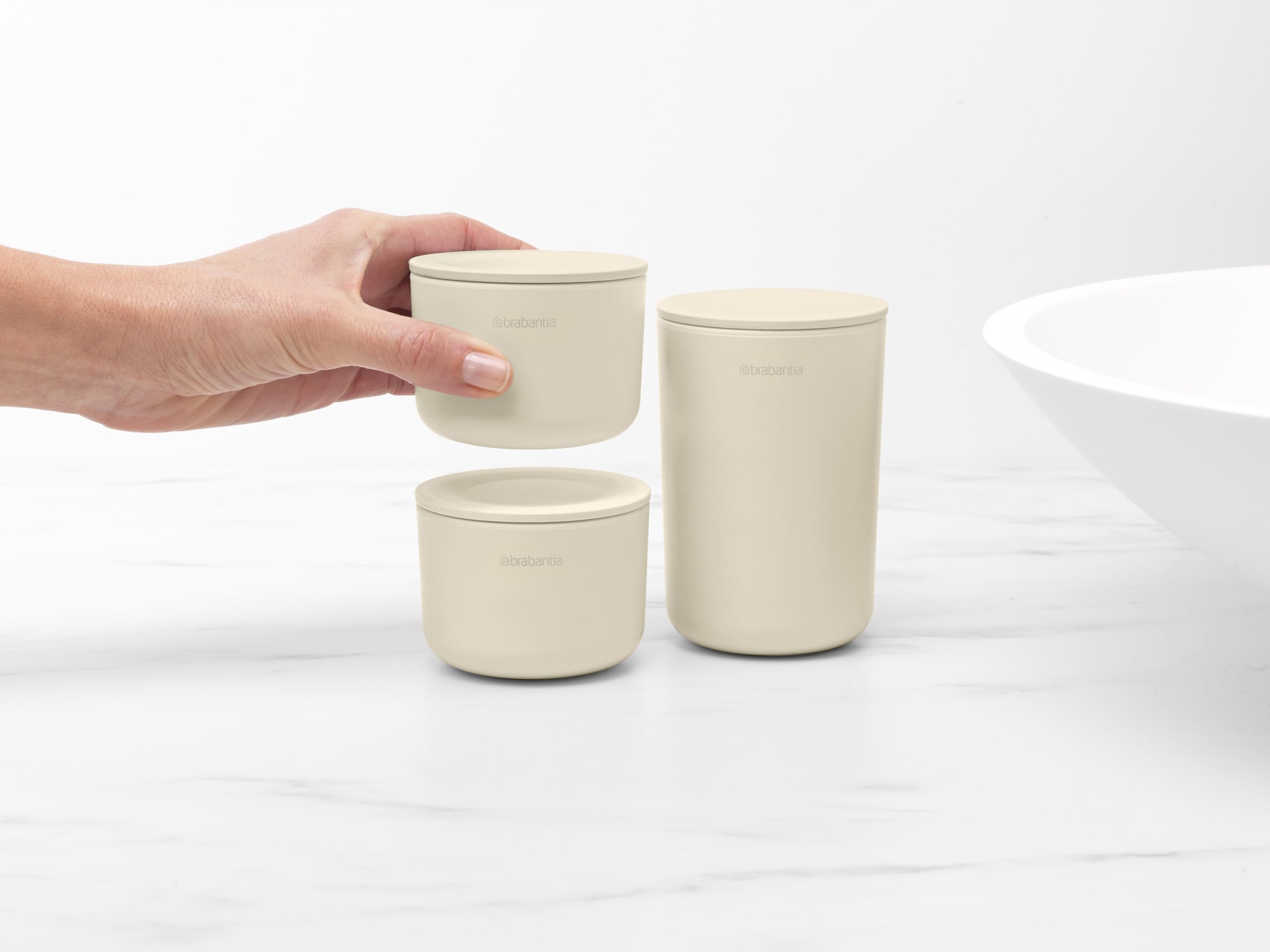 Brabantia ReNew Set Bagno 3 Pezzi – Dispenser Sapone, Portaspazzolino E Vassoio – Beige Soft
