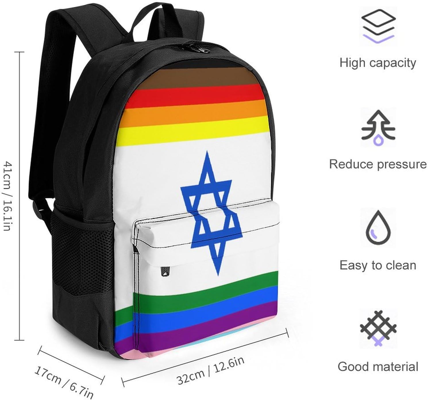 LGBT Proud Rainbow Flag of Israel Backpack Lightweight Backpacks Work Bag
