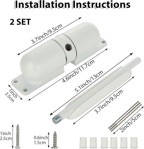 APACALI 2 Pack Automatic Door Closer, 4-1/2 Inch Adjustable Spring Door Closer for Self-Closing Doors, White Zinc Alloy Surface Mount Door Closer for Residential and Light Commercial Doors