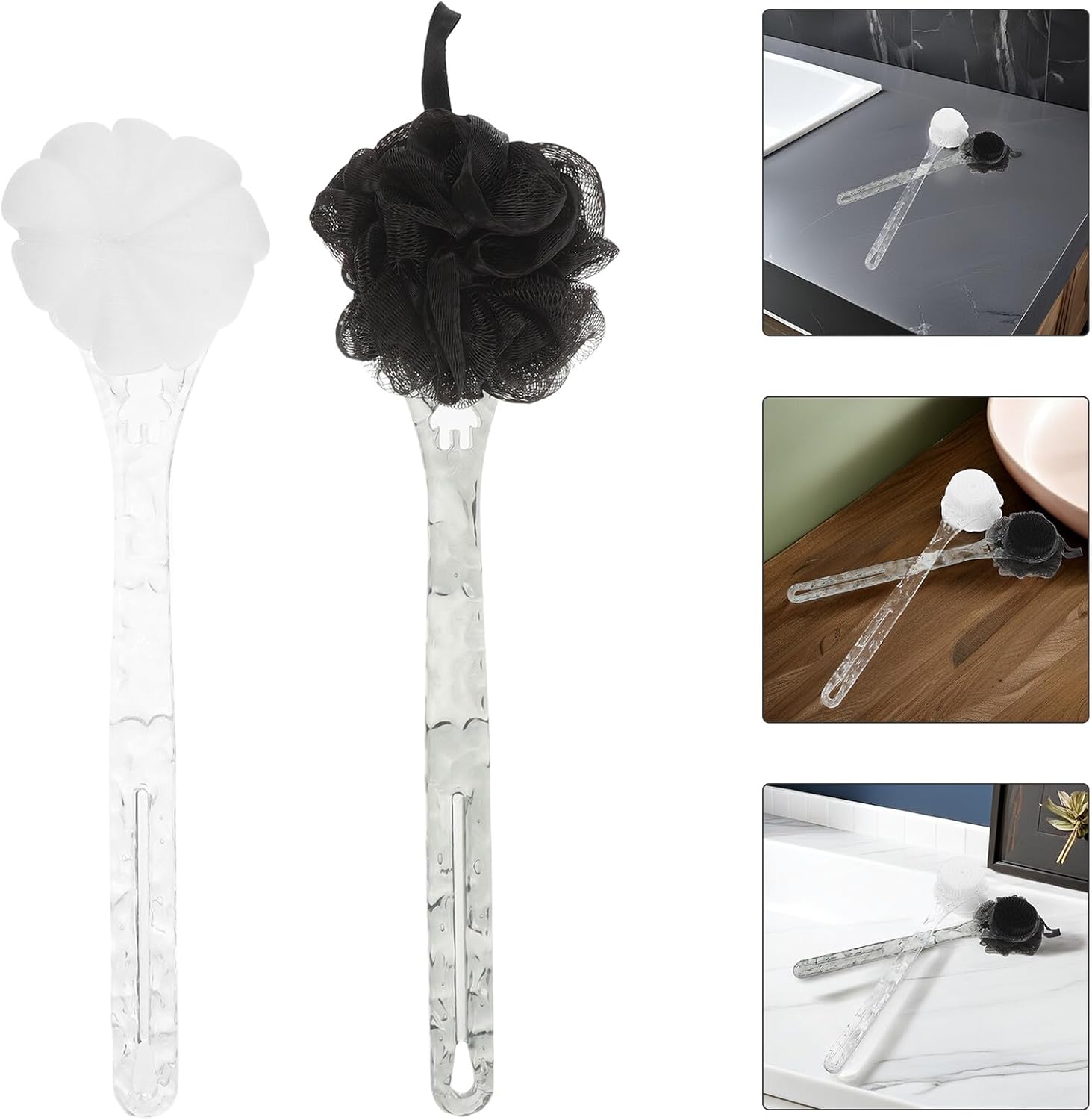 2pcs Body Scrub Brush for Shower with Dual-Sided Loofah, Exfoliating Back Scrubber with Long Handle, Black and White Bath Brush for Men’s Skin Care