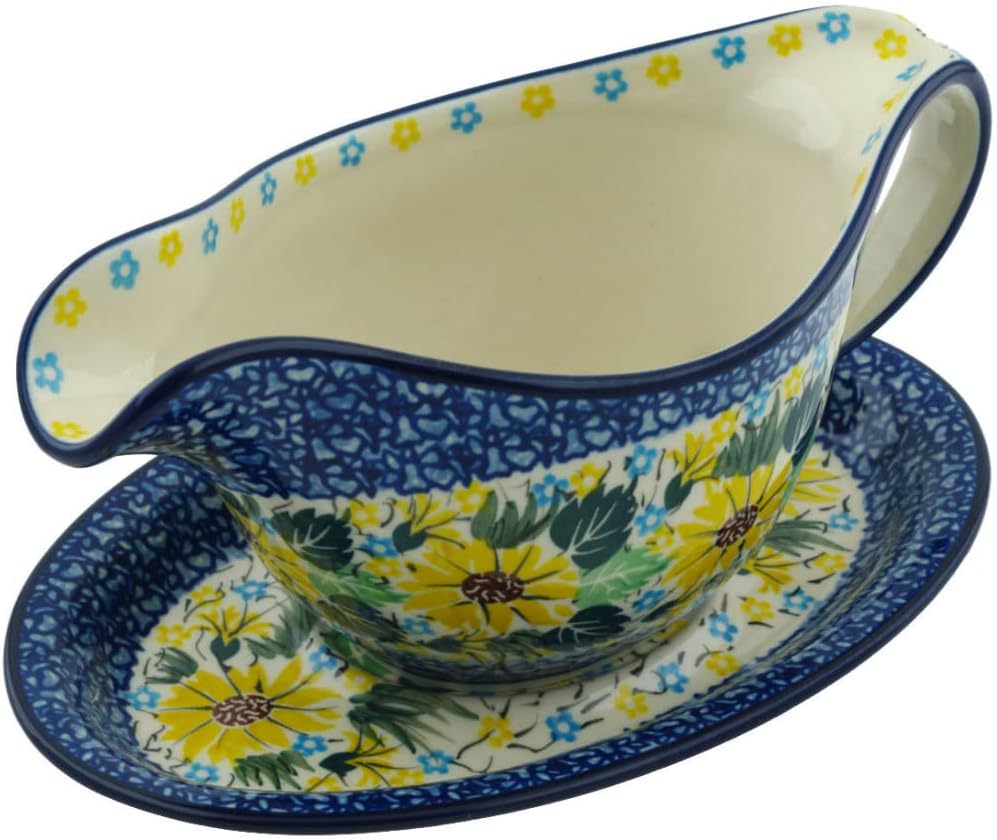 Polmedia Polish Pottery Gravy Boat with Saucer UNIKAT - Sunflower Surprise Pattern Handmade in Boleslawiec Poland by Ceramika Artystyczna + Certificate of Authenticity