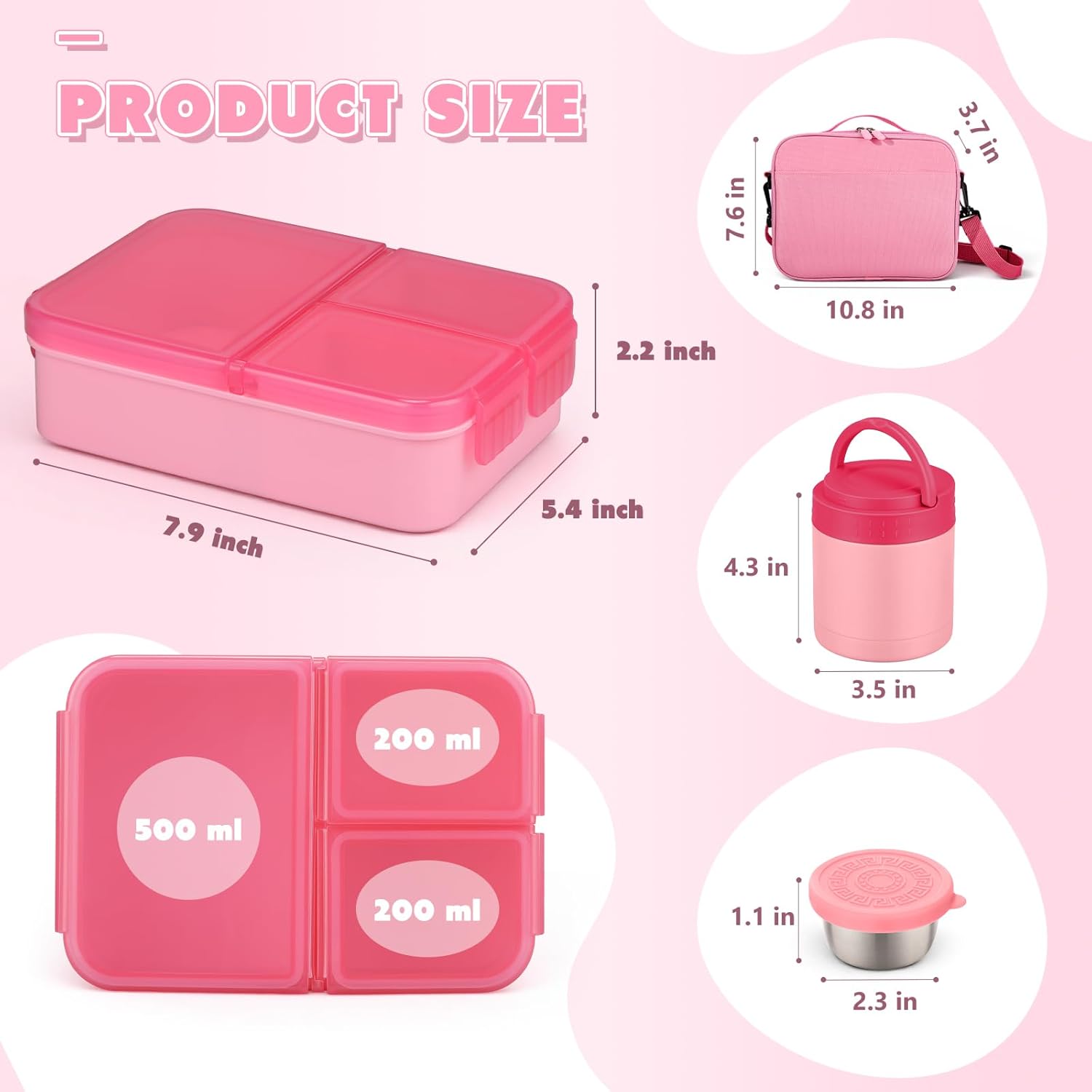 Snack Box Container Set with 10.5oz Soup Thermo for Kids Adults Lunch Box with 3 Compartents Toddler Leak Proof Portable Bento Box with Bag for Office,School,Travel,Outdoor - Pink