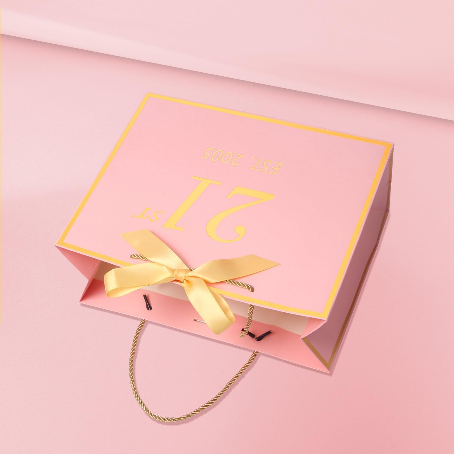 momoake 21st Birthday Gift Bag with Card and Tissue Paper for Women/Her, 2005 21 Year Old 13" Elegant Pink Gold Anniversary Keepsake Party Present Shopping Paper Bags for 21st Birthday Decorations