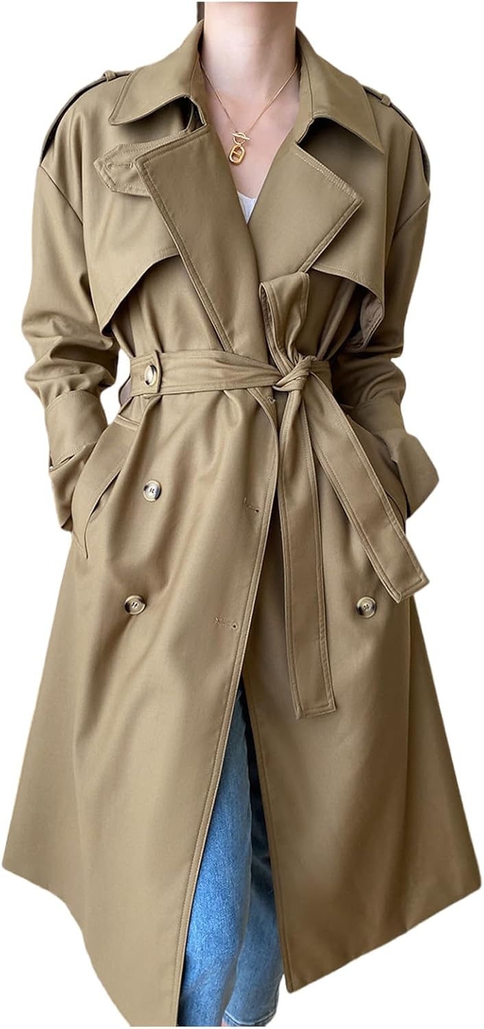 EsukAr Women's Double Breasted Classic Long Trench Coat Lapel Slim Casual Waterproof Overcoat with Belt