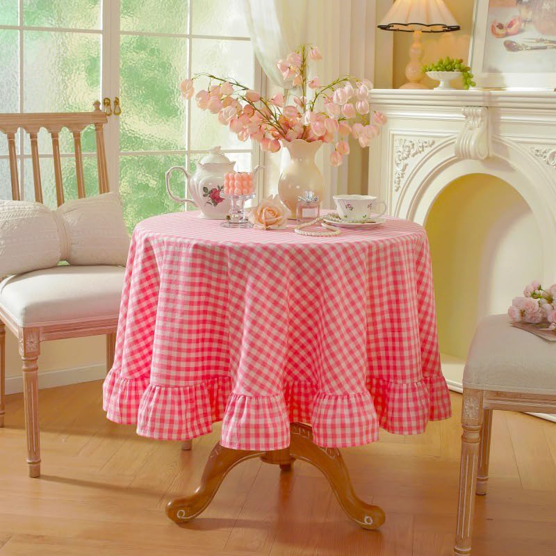 HAIRUO Cotton Linen Table Cloths Retro Farmhouse Heavy Fabric Table Cover Pink White Washable Table Top for Parties Coffee Kitchen Picnic Round Table Cloth (White,Round, 70")