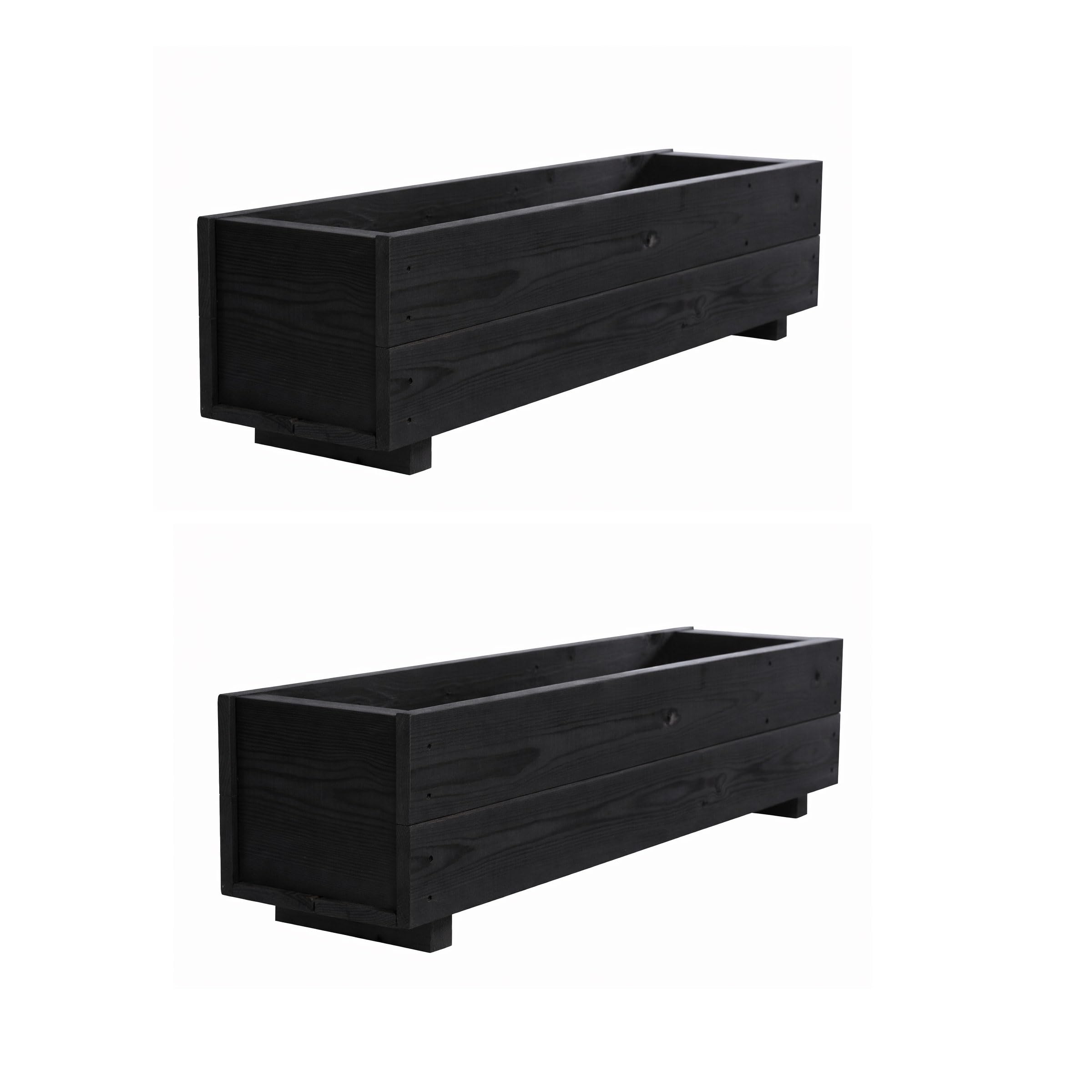 90cm Wooden Trough Planters Garden Flower Plant Timber Boxes Black Set of 2
