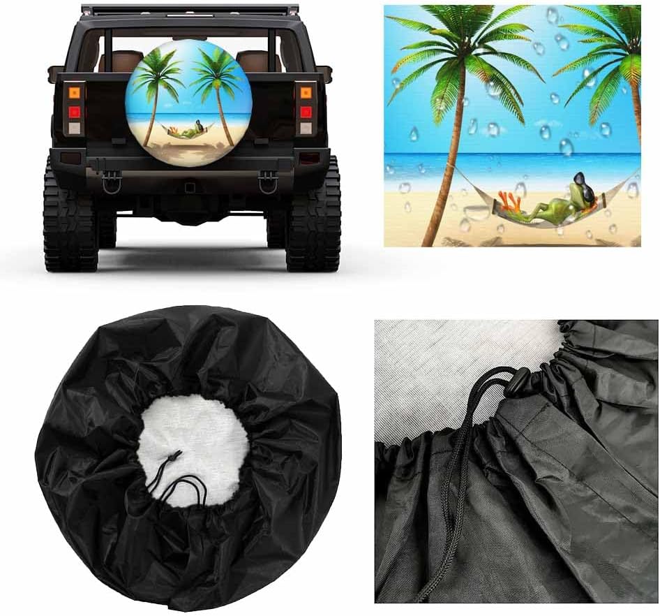 Green Frog Spare Tire Cover Beach Sunbath Hammok Relax Palm Tree Sky Weatherproof Universal Wheel Protectors Camper Tire Covers for Trailer Rv Travel(17 inch)
