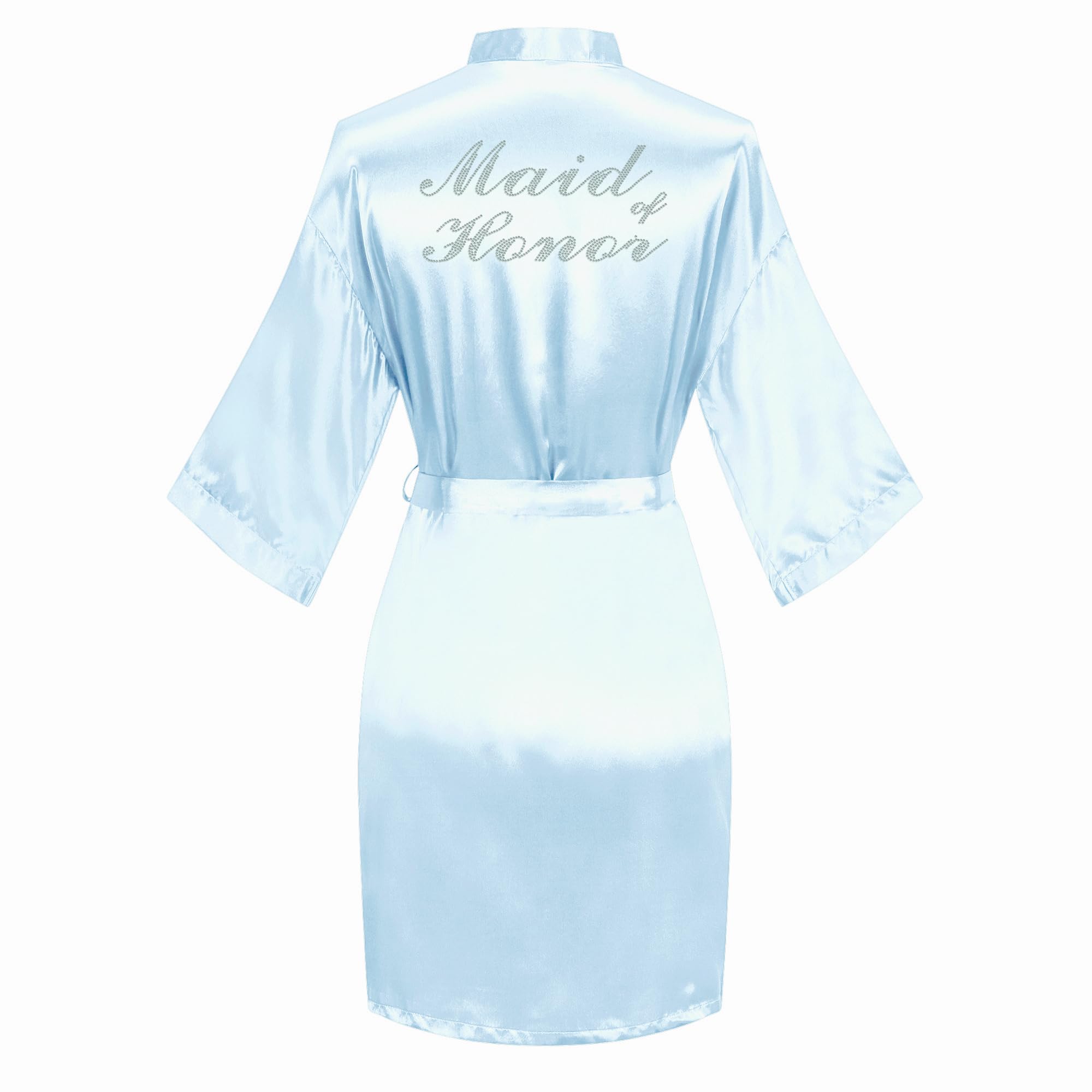 Women's Satin Robe Short Kimono for Bride &amp; Bridesmaid with Silver Rhinestones, Wedding Party Robes