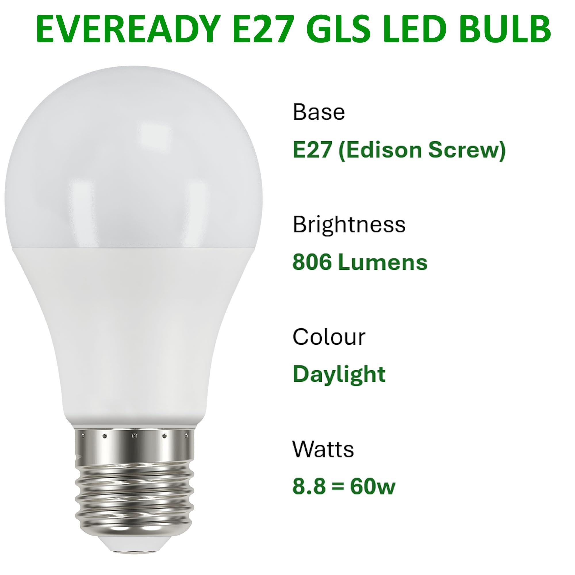 Eveready GLS E27 LED Bulb 8.8W Replaces 60W Daylight (6500k) 806 Lumens Non-Dimmable Light Bulb. Pack of 6 Bulbs - Image 3