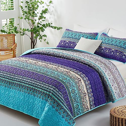 Colcha estampado rayas azules y moradas microfibra California King 3