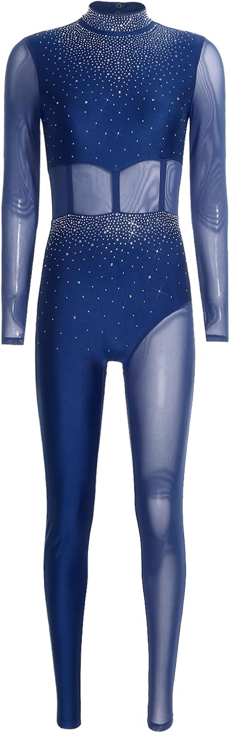 Jan Jean Womens Gymnastics Dance Jumpsuit Shiny Rhinestones Performance Leotard Rhythmic Gymnastics Leotard