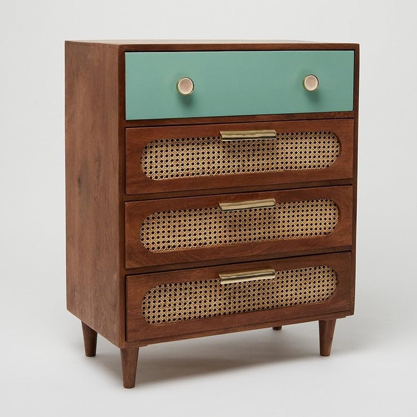 TGF Furniture Store Mid-Century Modern 4-Drawer Chest – Solid Wood Dresser with Cane Front Panels, Mint Green Accent Drawer – Brown Finish Storage Cabinet for Bedroom or Living Room-image-47