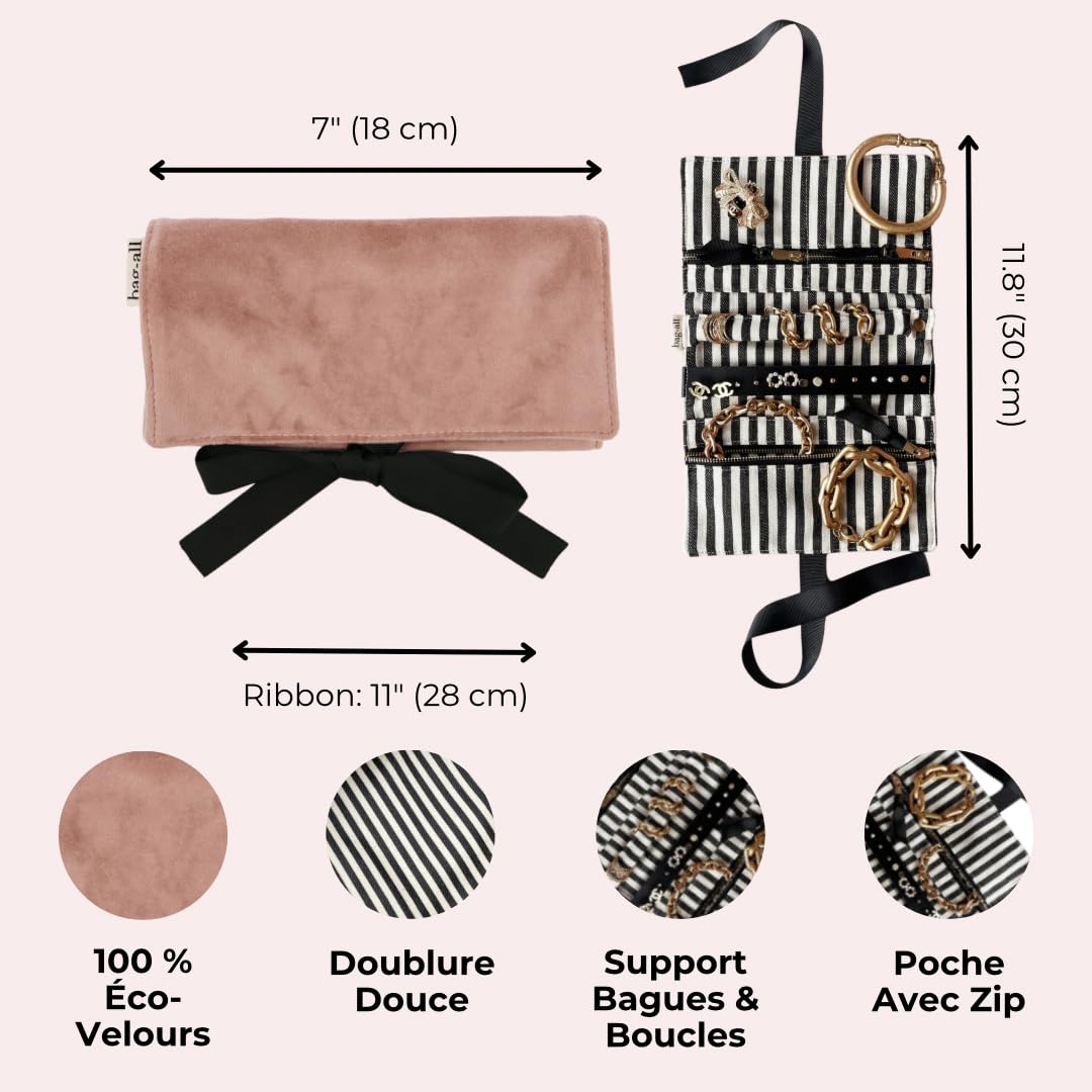 Bag-all Trousse Bijoux Femme | Organiseur Bijoux de Voyage & Maison | Pochette Compacte avec Poches Zippées, Porte-Bagues & Boucles d’Oreilles | Velours Recyclé | Velours rose