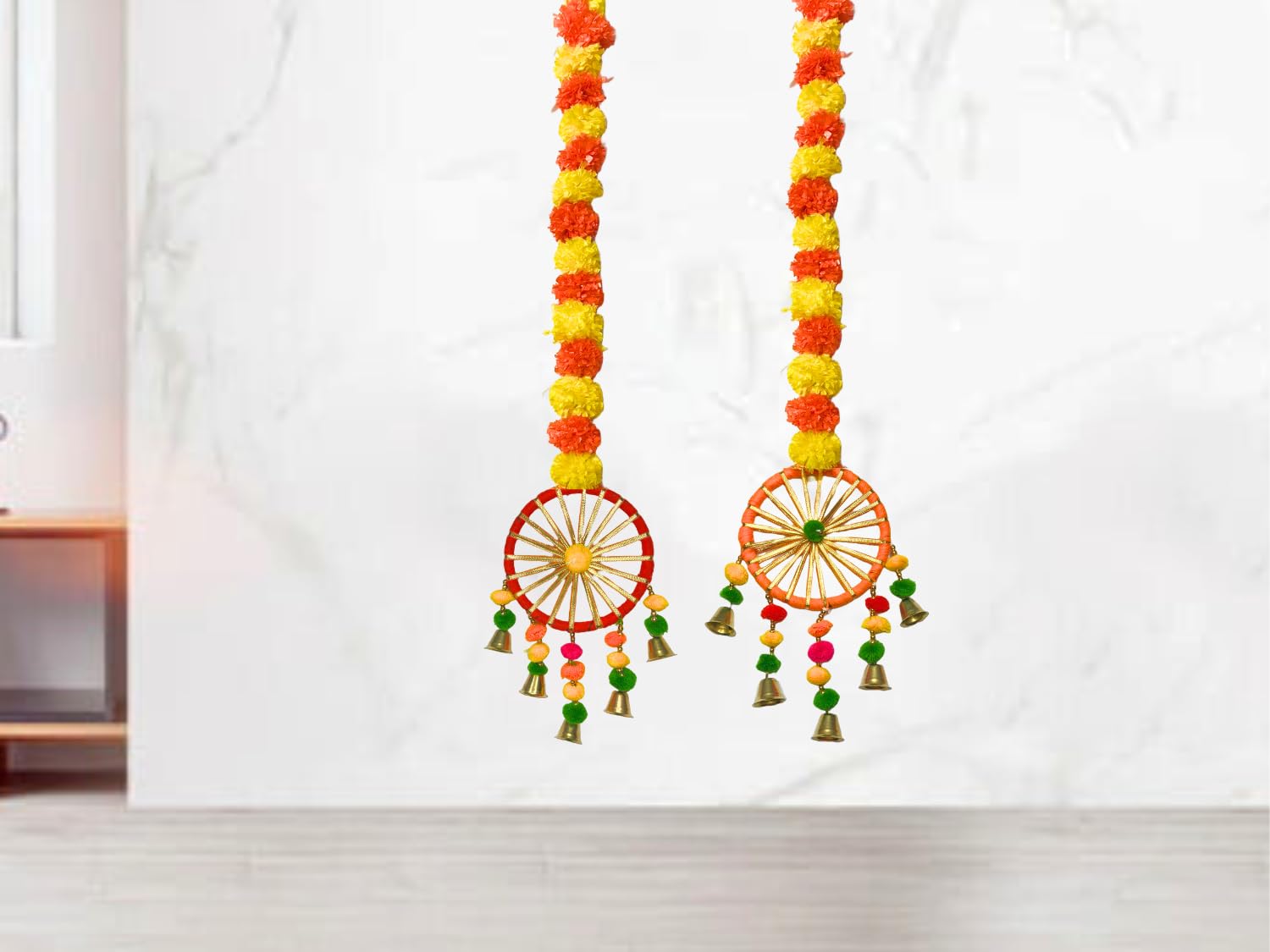 DRYPHON Artificial Marigold Flowers With Pom Pom Ring Bell Hanging Garlands for Home Decoration, Diwali, Wedding, Puja (Pack of 2)