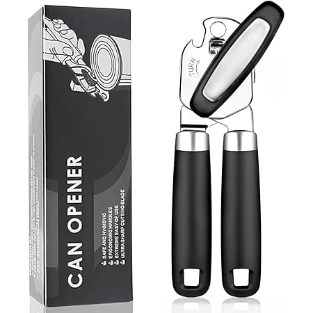 Geolinca Manual Handheld Strong Can Opener, Sharp Cutting Wheel for Smooth Edge Cut, Comfortable Soft Handle, Easy to Use Turn Knob, Includes Built in Bottle Opener, Black