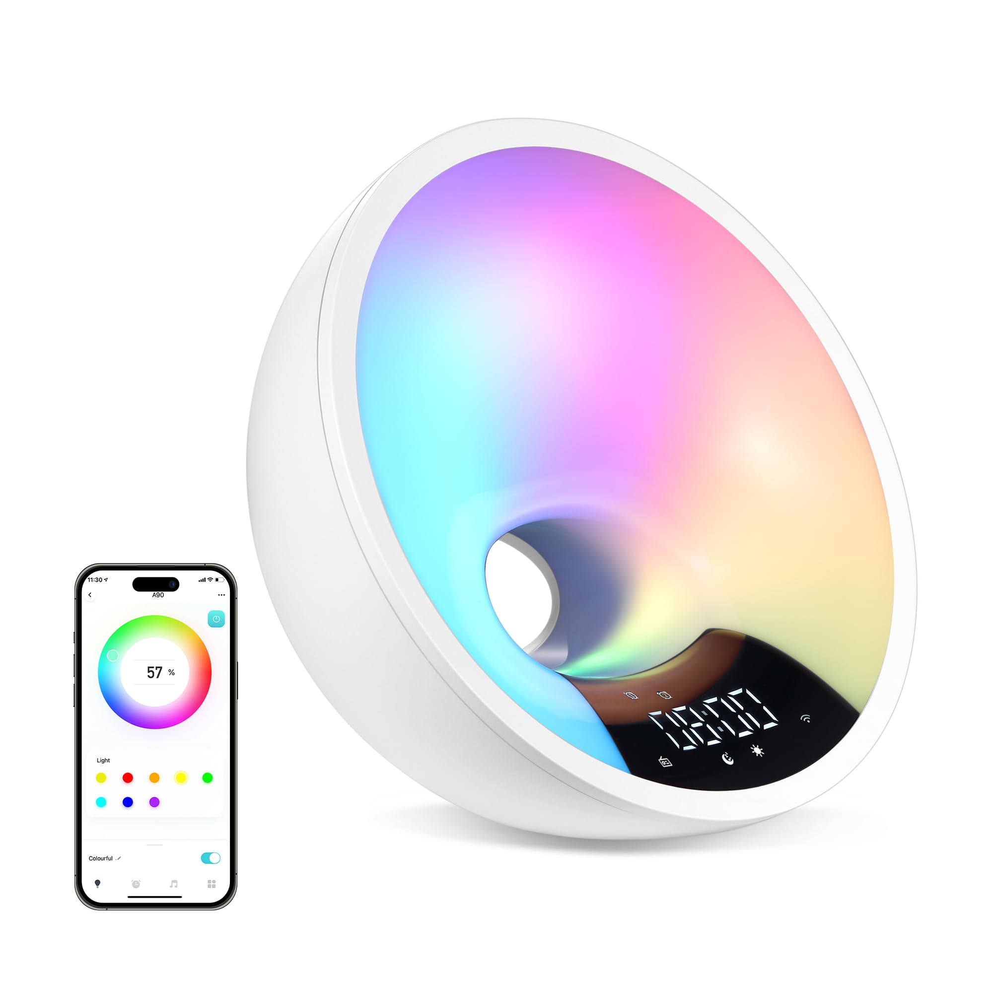 HOM - Reloj despertador inteligente de amanecer con luz de despertador y radio FM, reloj digital y lámpara con 7 sonidos naturales y 7 colores de luz, fácil control a través de Amazon Alexa y Google