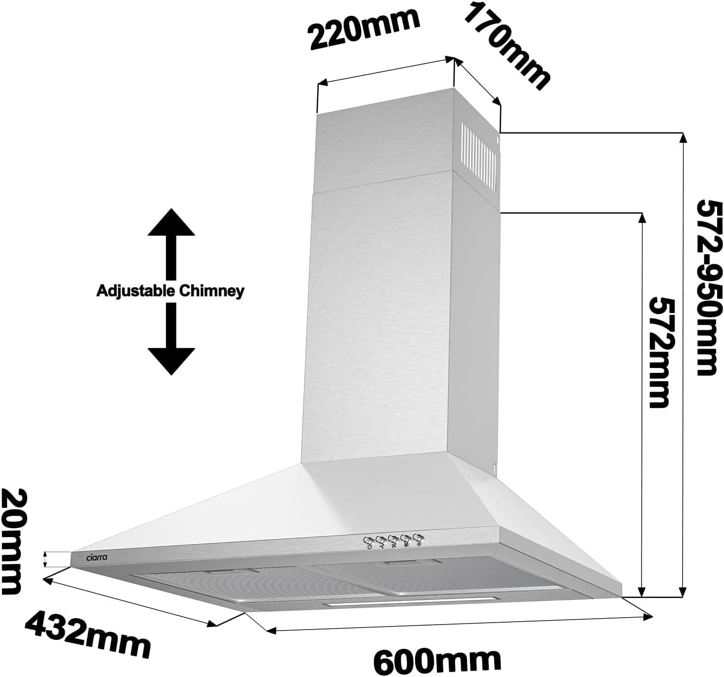 CIARRA Cappa Aspirante 60 cm Classe A 370 m³/h CAS6201A, Cappa Cucina Nero con 3 Velocità, Luce LED, Ricircolo e Scarico, Cappa a Parete Silenziosa Moderna per Cucina,Acciaio Inox