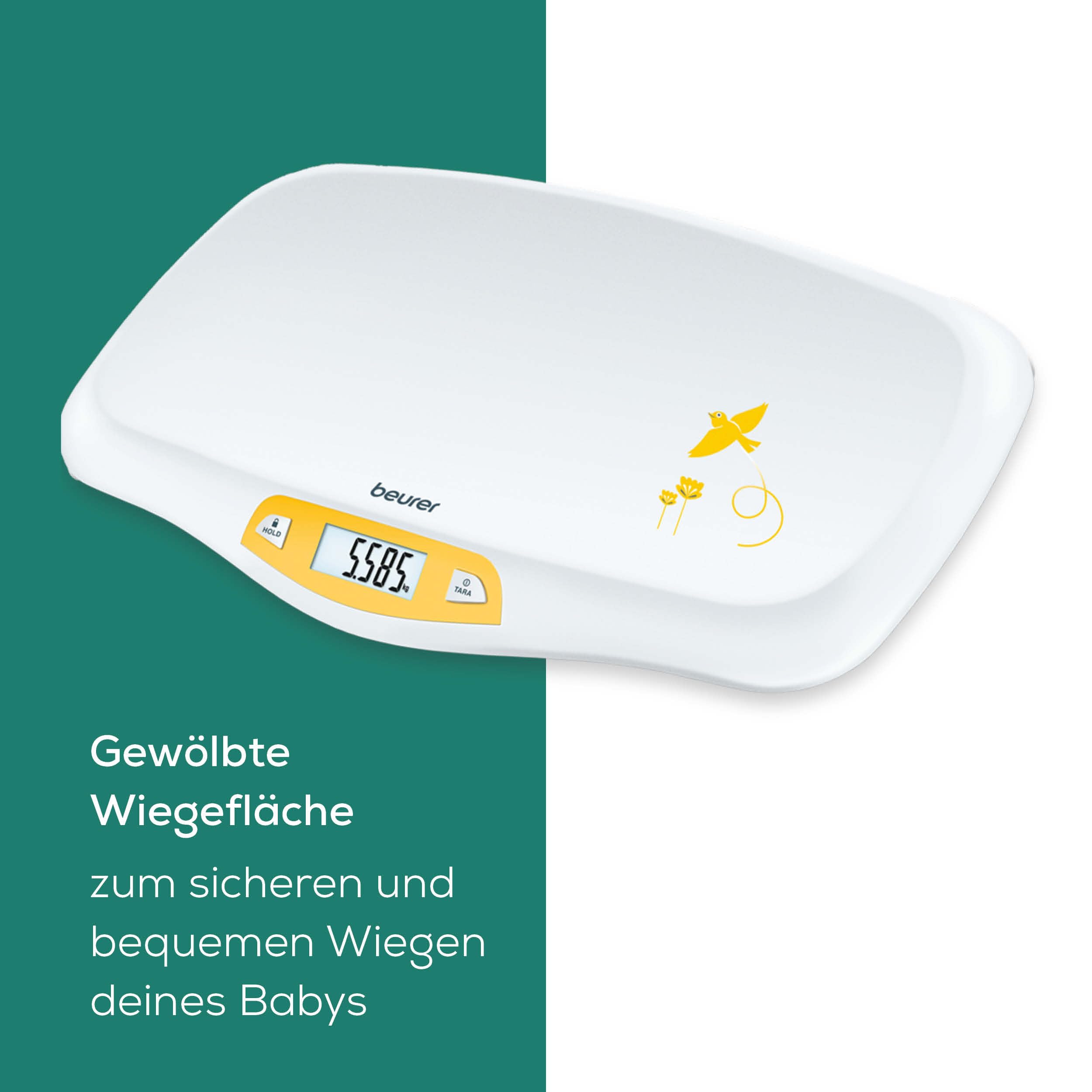 Beurer BY 80 Babywaage, mit gewölbter Oberfläche, 20 kg Tragkraft, Tara- und Holdfunktion für strampelnde Babys, Messung und Anzeige in 5g-Schritten, auch als Tierwaage verwendbar
