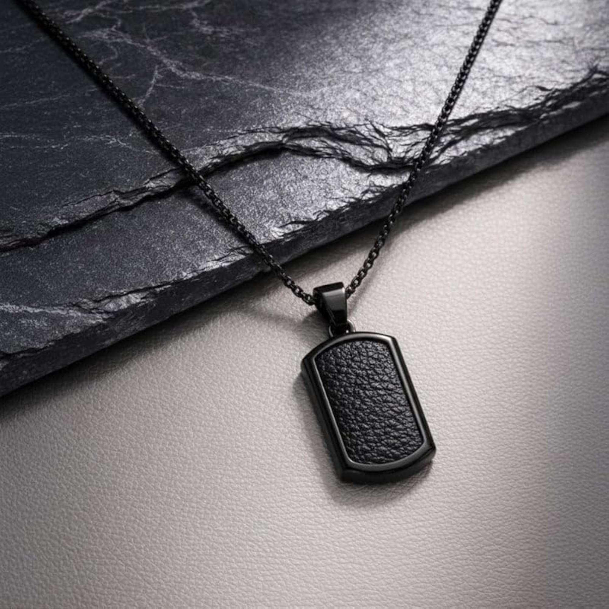 Men's Textured Vegan Leather Inlay Necklace, Minimalist Style
