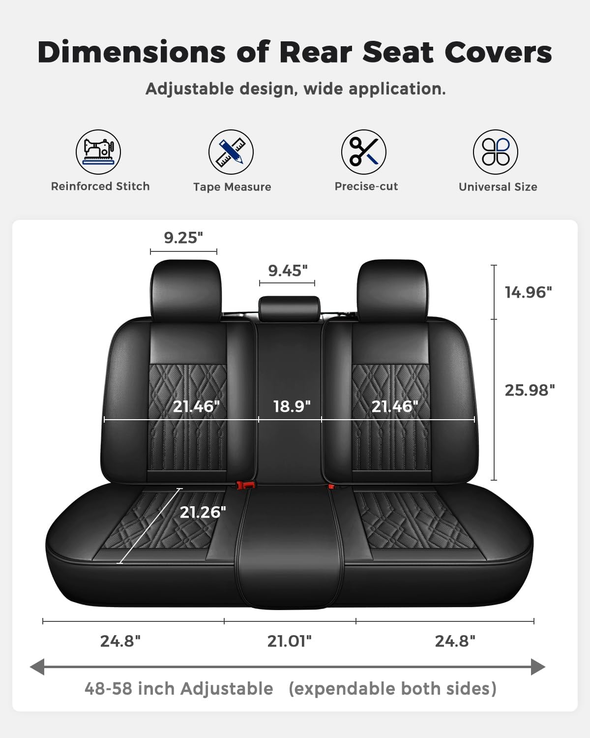 Huidasource Leather Back Row Seat Covers, Waterproof Rear Split Bench Car Seat Covers, Vehicle Seat Cushion Cover Protector Universal Fit for Most Cars Sedan SUV Pickup Truck(Back Row/Black)