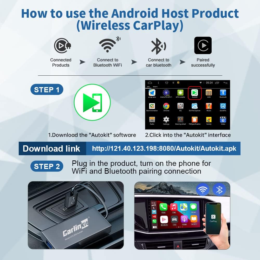 Diagram showing steps for wireless CarPlay connection