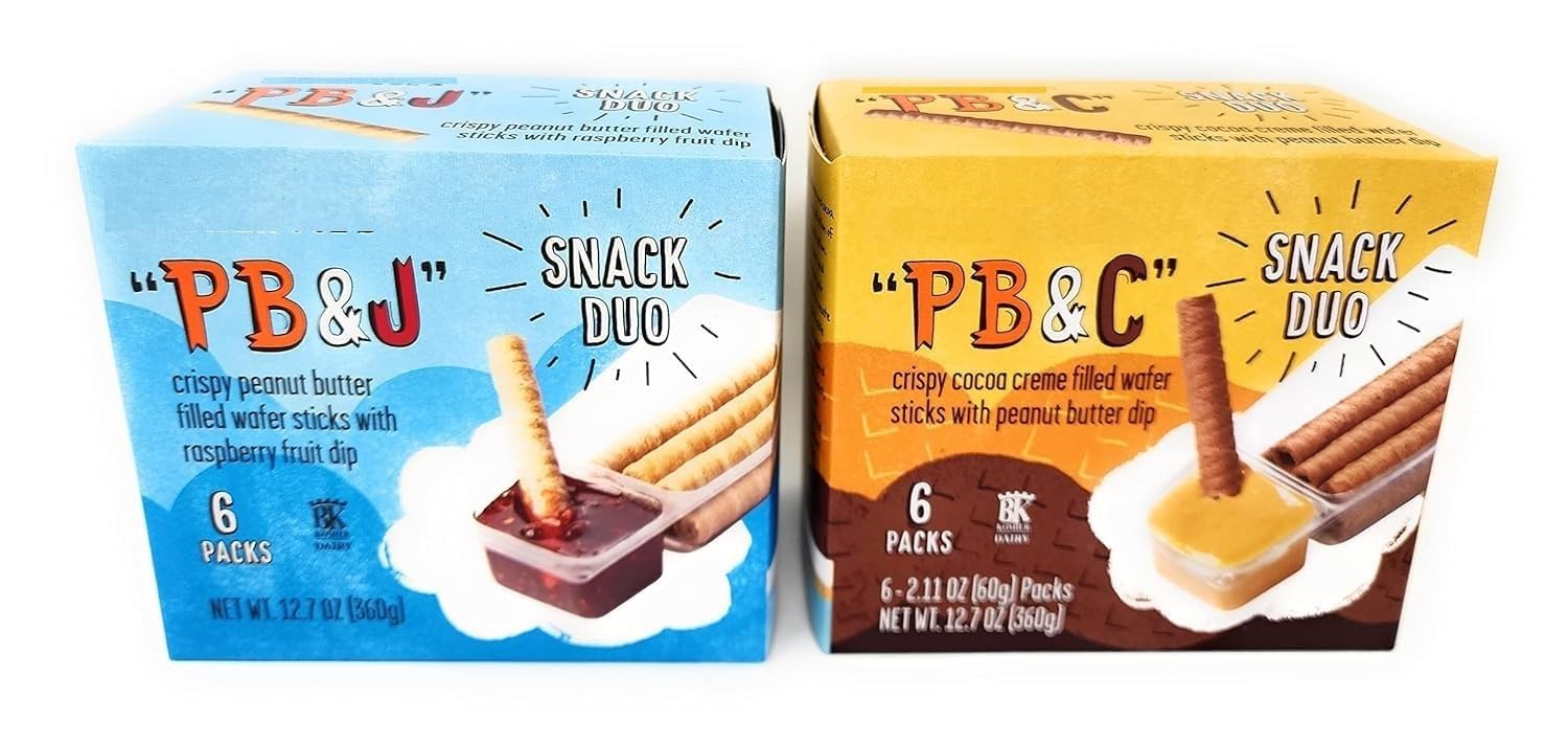 PB&J Crispy Peanut Butter Filled Wafer Sticks with Raspberry Fruit Dip Snack Duo & PB&C Crispy Cocoa Creme Filled Wafer Sticks with Peanut Butter Dip