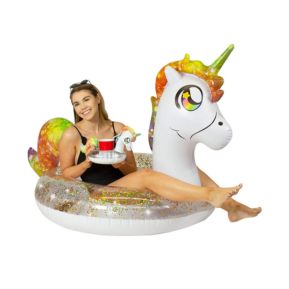 PoolCandy Inflatable Glitter Unicorn Pool Float Party Pack - Includes a Matching Floating Glitter Unicorn Drink Float