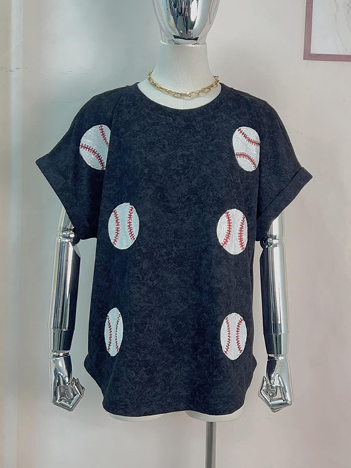 Maglietta da donna con paillettes luccicanti da baseball, maglietta a girocollo oversize a maniche corte lavate