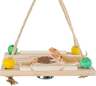 Reptile Bearded Dragon Hammock Swing Hanging Bed Wooden Lizard Swing Feeding Toy Lizard Bed Reptile Wooden Bed for Bearded Dragon Lizard Leopard Gecko Rats Hamster Bird Parrots