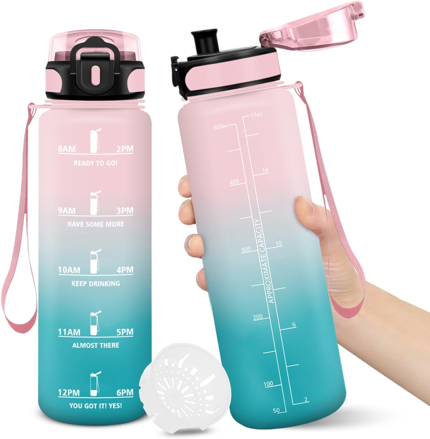 Drinking Bottle, 500Ml, Bpa Free, Water Bottle, Leakproof Design With Closure, Drinking Bottles, With Time Stamp, Children's Drinking Bottle, Leakproof for School, Yoga, Sports