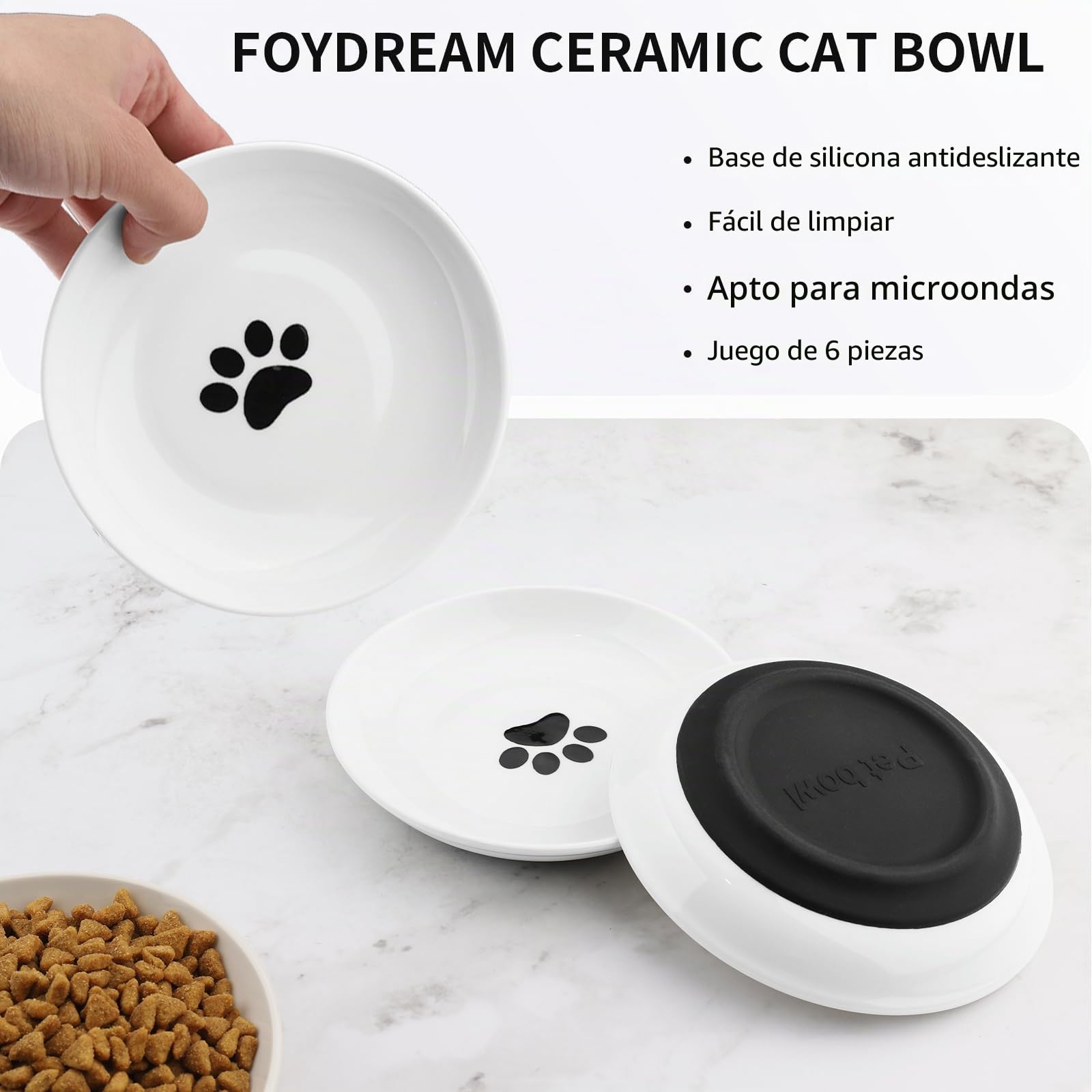 6 Piezas Cuenco Gato, Plano Ceramica Gato, Cuencos de Cerámica para Gatos con Base Antideslizante de Silicona, Comedero para Gatos Gatitos Perros Pequeños, Blanco 15×15×2,8 cm