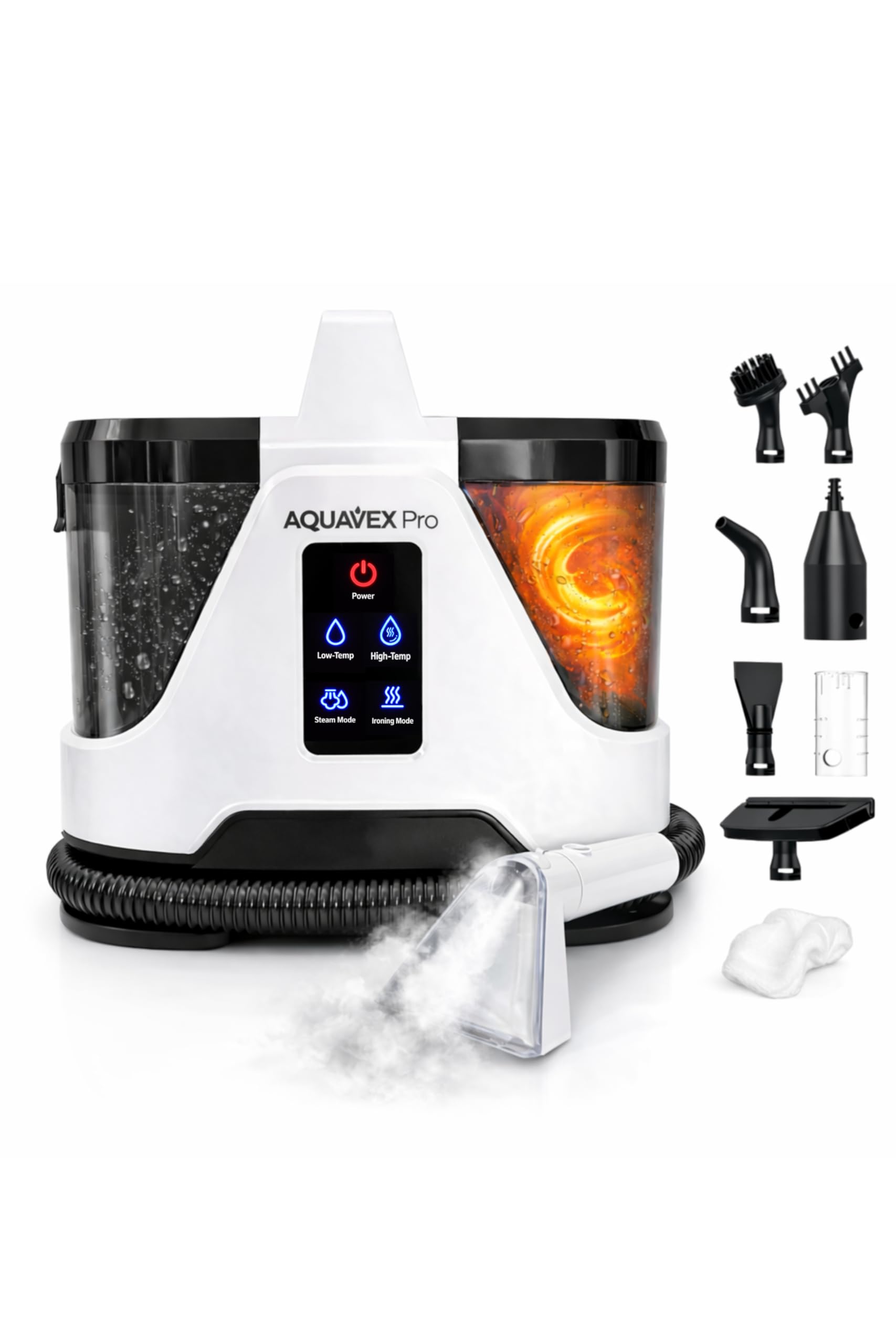 AquavexPro™ Ultra – Nettoyeur Injecteur Extracteur 1700W - 4 en 1 - Eau Froide/Chaude 65 °C & Vapeur 100 °C, Réservoirs 1.8L+1.1L - Shampouineuse Canapé, Tapis, Sièges Auto, Surfaces Dures, Vitres