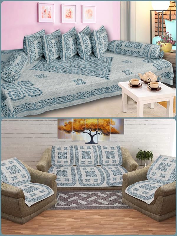 Cutwork Print RoomSet Diwan & Sofa Cover Set Combo| Single Bedsheet, 2 Bolster Covers, 5 Cushion Covers and Five Seater Sofa Cover Set-image-25