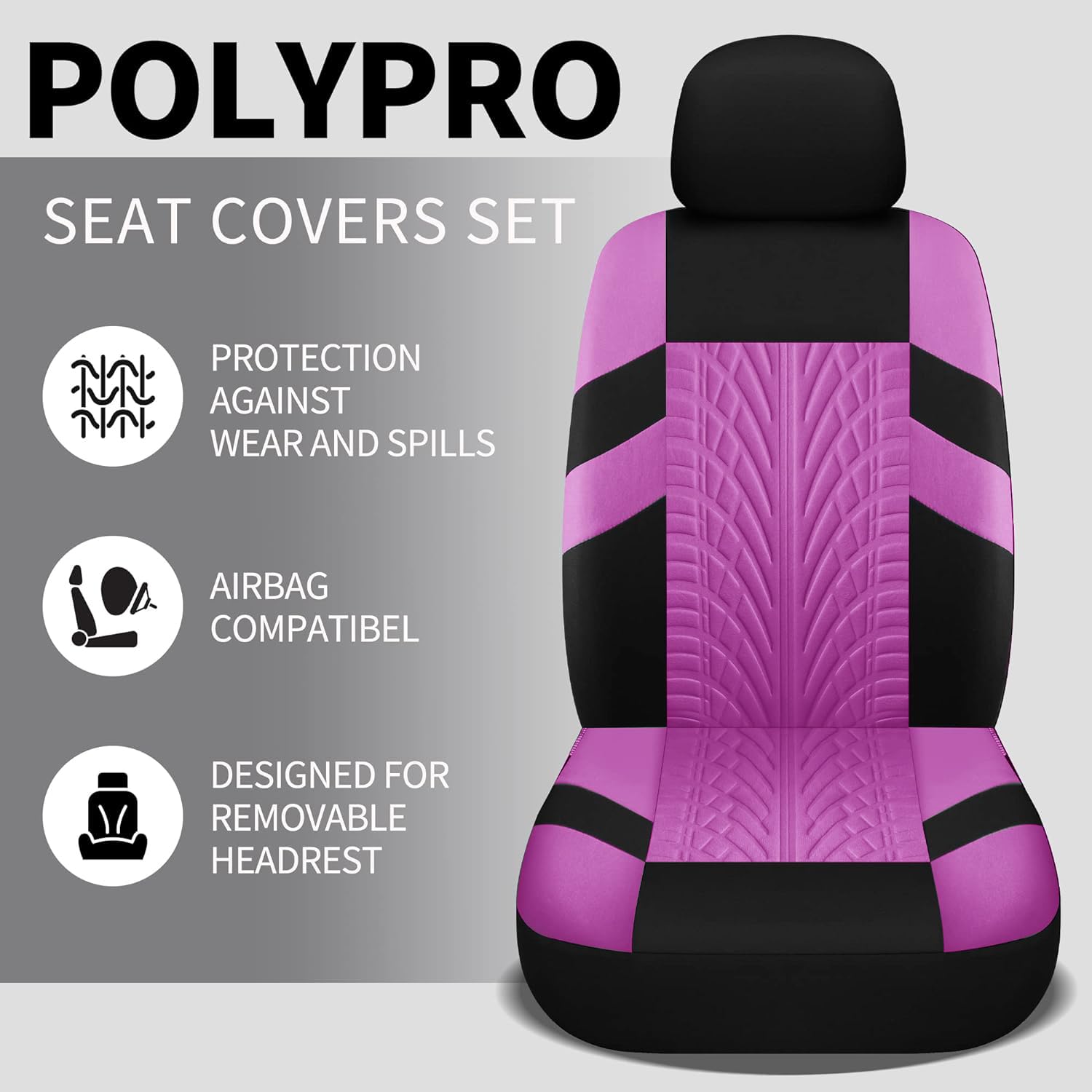 VarCozy Autositzbezüge, komplettes Set, Vordersitze und Geteilte Rückbank für Auto, Universal-Tuch, SUV, Limousine, Van, Auto-Innenbezüge, Airbag-kompatibel, Schwarz und Lila