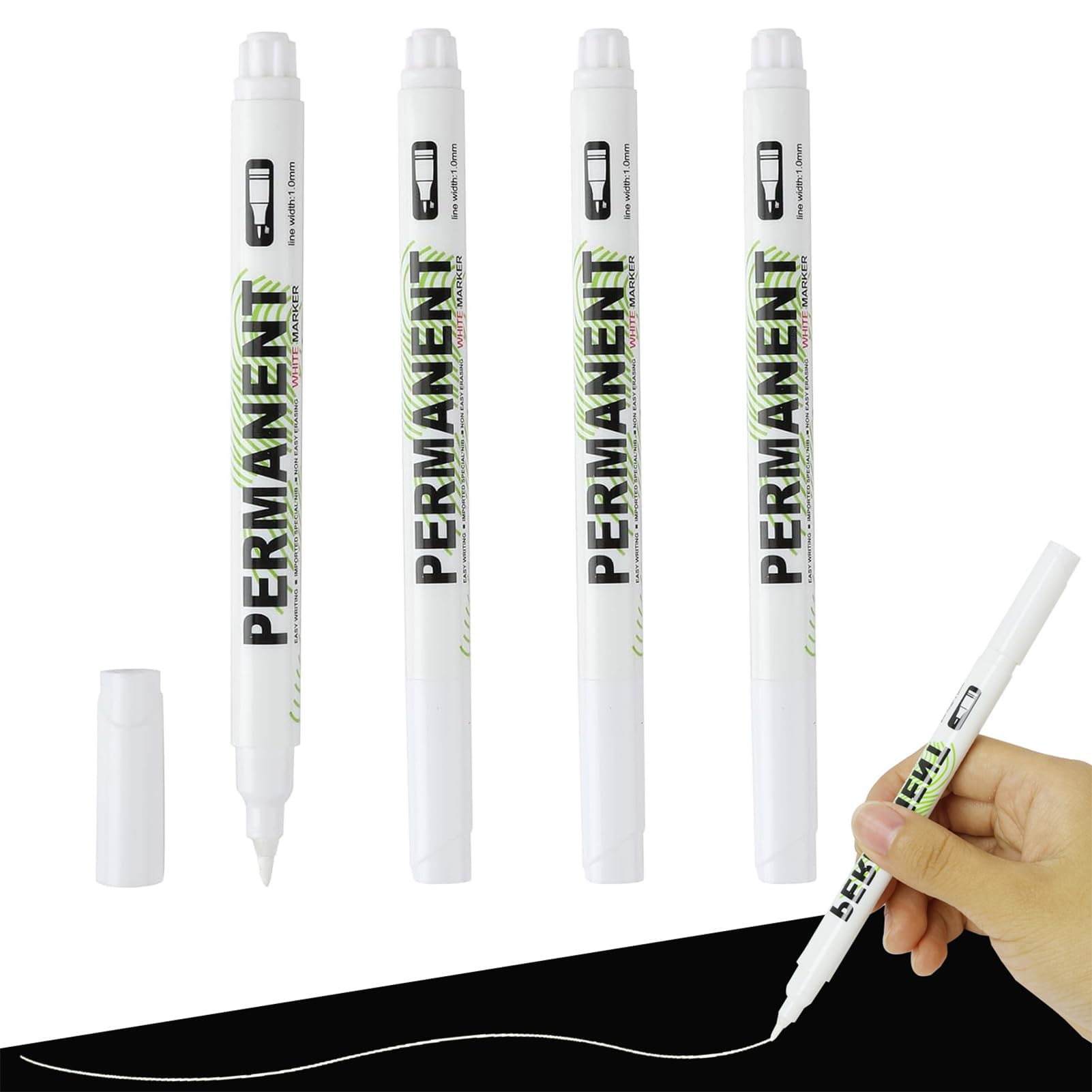 Bolígrafo blanco delibil, 4 piezas marcador permanente blanco punta fina 1,0 mm, fieltro acrílico impermeable, marcador exterior para madera, piedra, metal, cuero, piedra, cerámica, plástico