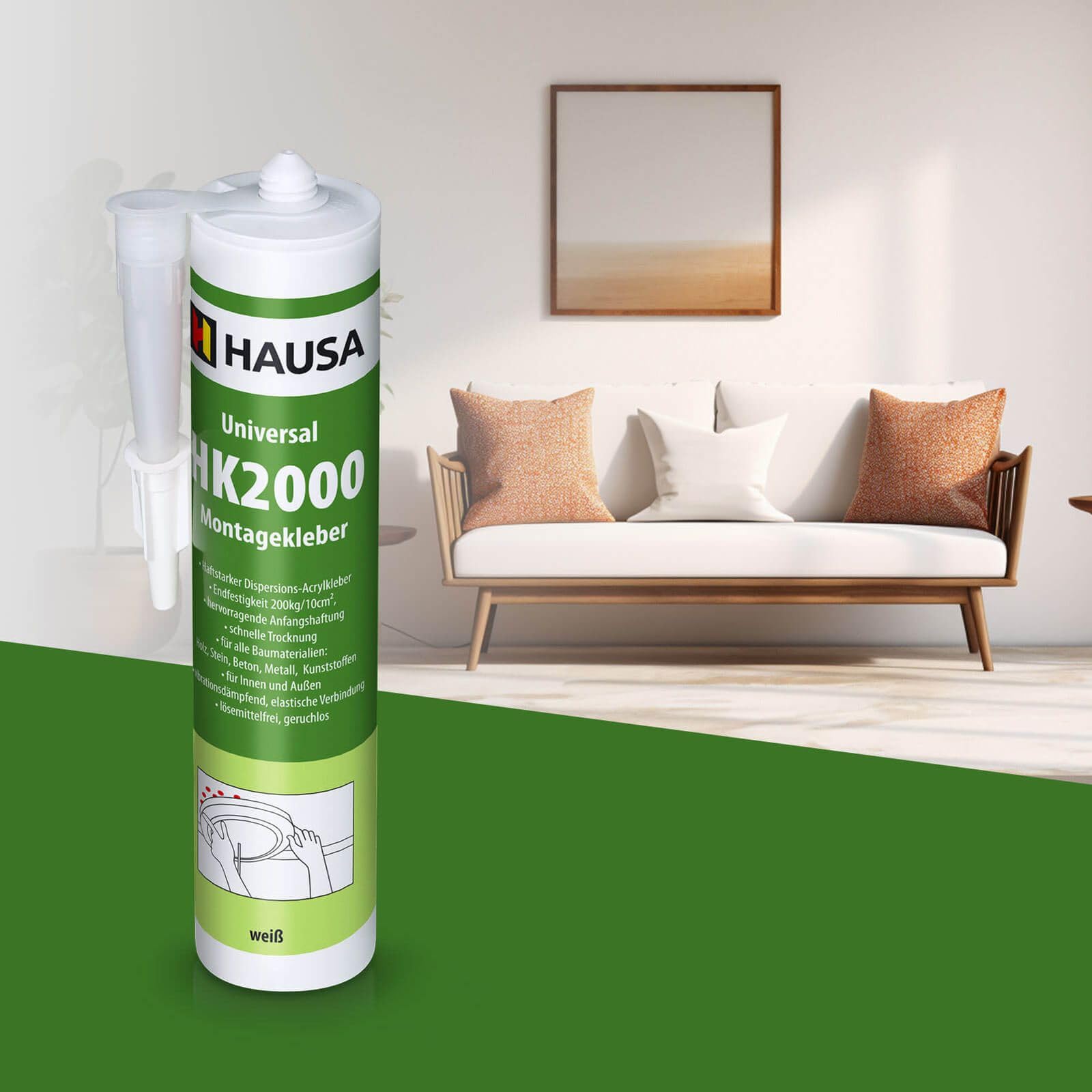 HAUSA Colle de montage universelle HK2000 Colle acrylique à dispersion adhésive Idéale pour les supports poreux à l'intérieur et à l'extérieur Résistance finale 200kg/10cm² 12x 310ml Blanc