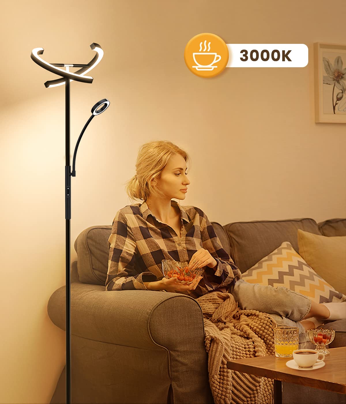 ANTENLICHT KAKA | Stehlampe LED Dimmbar | Schwarz Stehleuchte 20W | mit Flexibler 7W Leselampe | Modern Deckenfluter mit Fernbedienung mit 4 Farbtemperatur für Wohnzimmer, Schlafzimmer