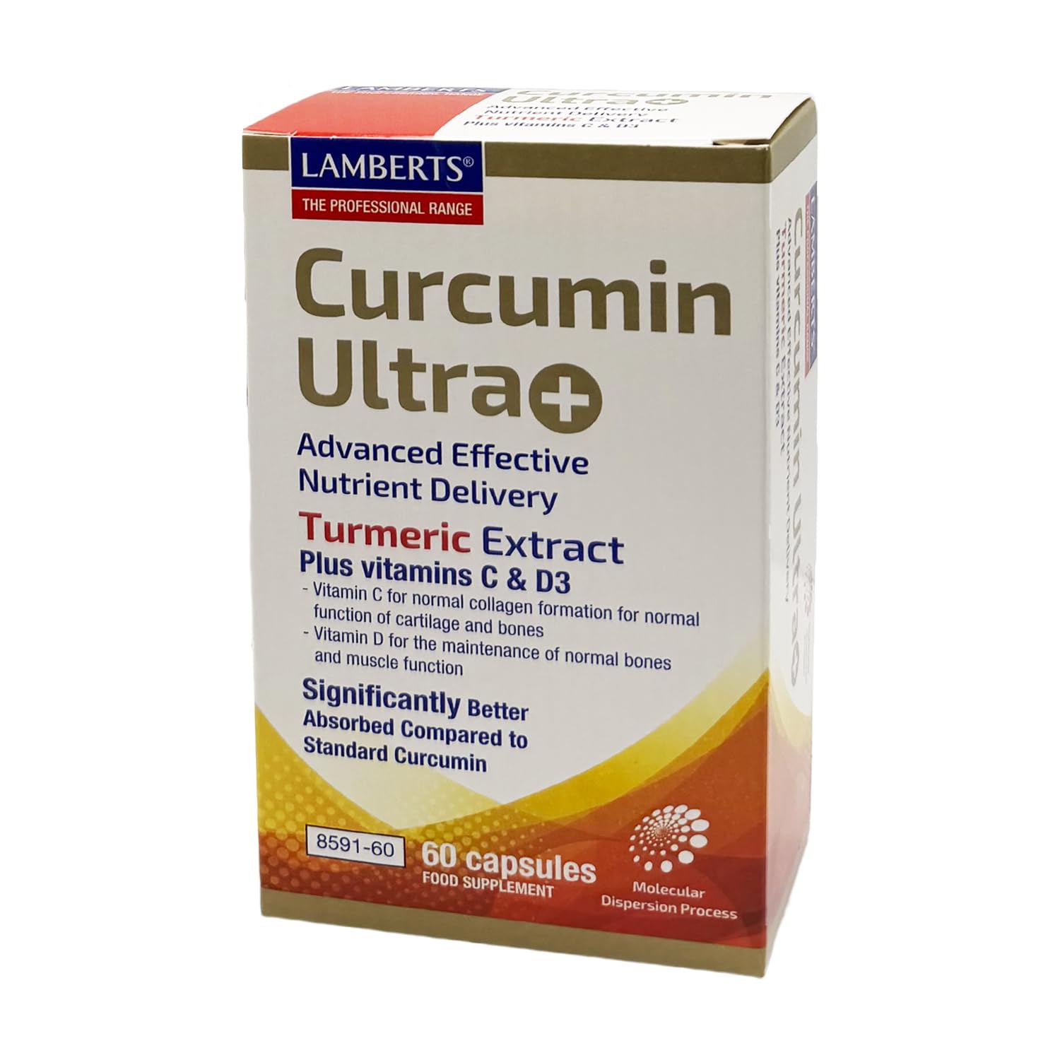 Lamberts Curcumin Ultra+ | 60 Cápsulas | Apto Para Vegetarianos | Sin Gluten | Sin Ogm | Curcuwin® 250 Mg | 50 Mg Curcuminoides | 144X Mejor Absorción | Con Vitaminas C Y D3 | Calidad Farmacéutica Gmp