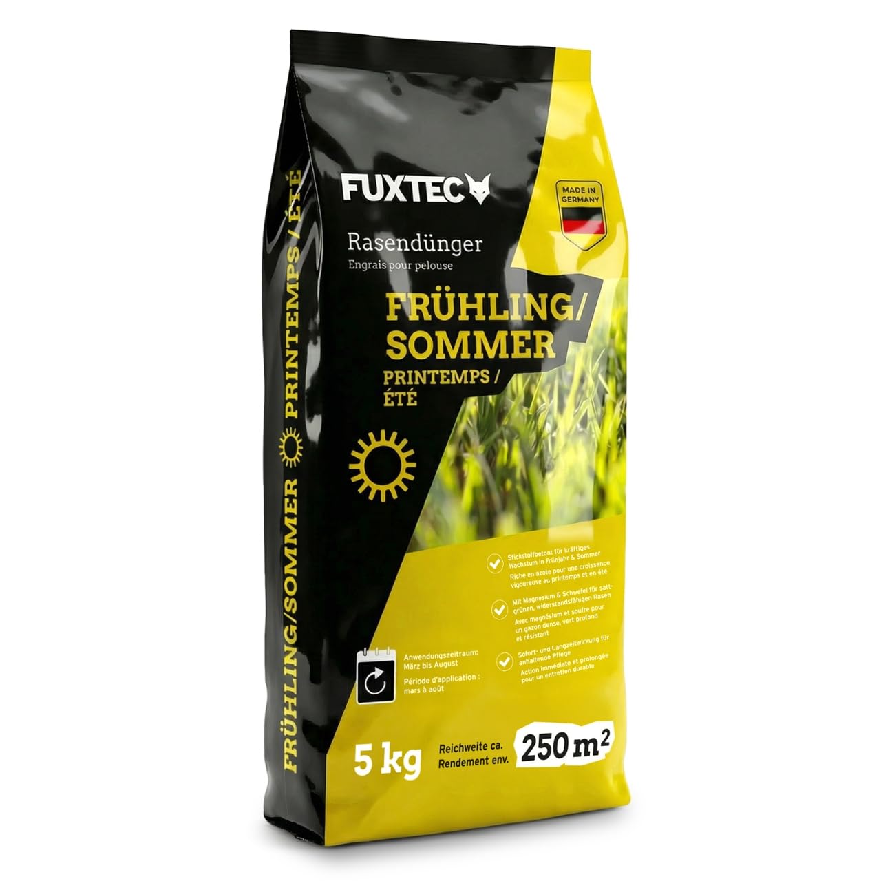 FUXTEC Engrais gazon printemps été FX-RDFS5 5 kg rendement 250m2 fertilisant pelouse organo-minéral NPK 12+3+5 azote à libération progressive magnésium et soufre granulés fins