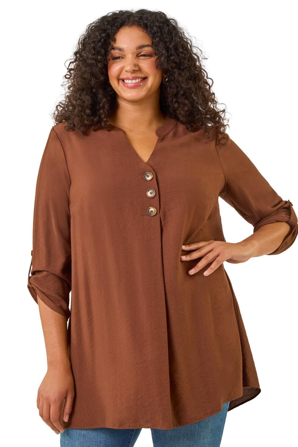 Roman Curve Women's Chocolate Textured Buttoned Tunic Top Size 22-24