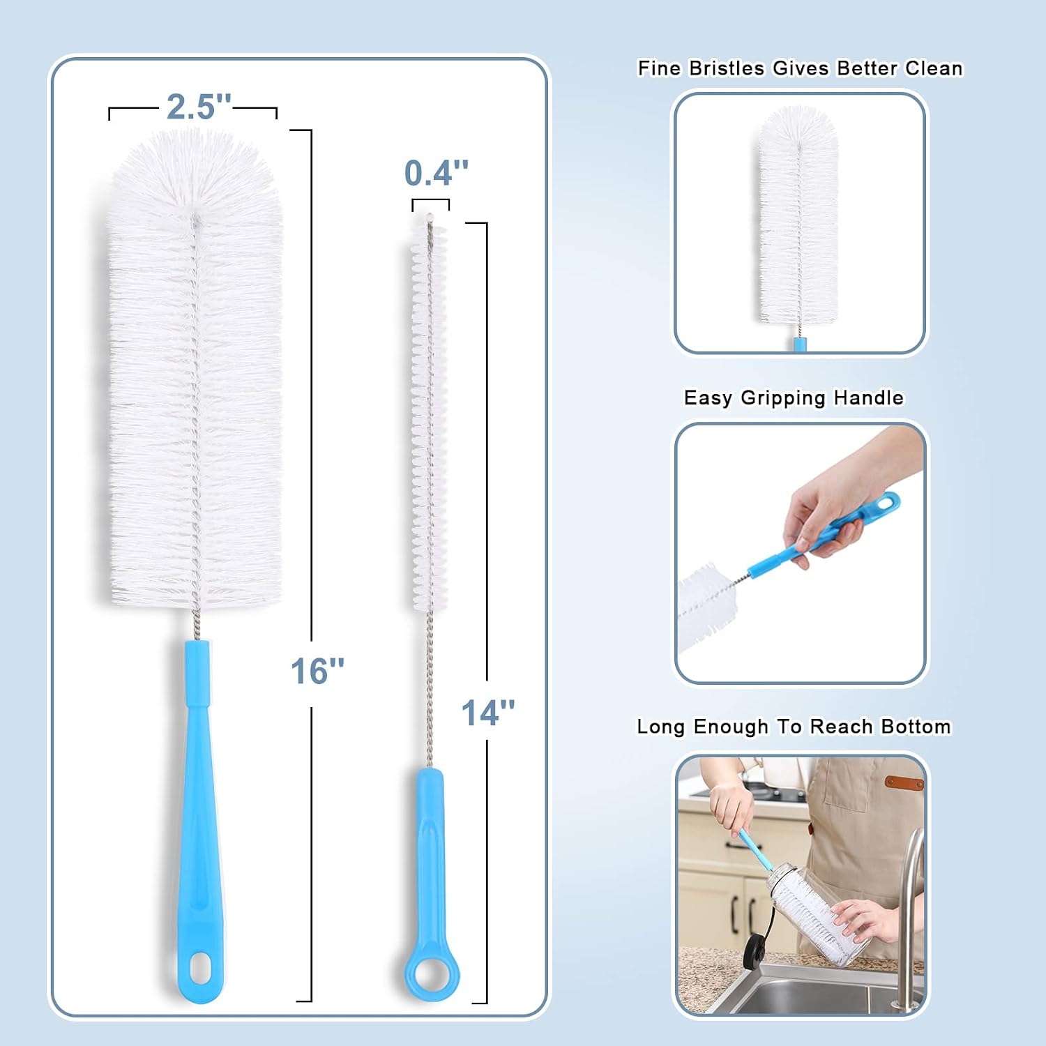 16" Bottle Brush Cleaner for Water Bottle - Long Handle Bottle Brush for Cleaning Thermos Hydro Flask Contigo S’Well Simple Modern Narrow Neck Sport Bottles Kombucha Beer Bottle and Jugs, Set of 2