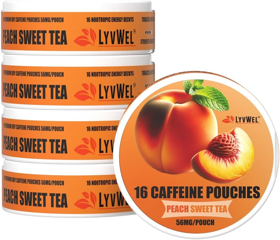 LyvWel 56mg Caffeine Energy Pouches – Multi (Peach, Watermelon, Pink Lemonade, Mango, Cherry) – Clean Energy & Focus Boost with Guarana – 5-Pack with 16 Pouches Per Can (80 Total)